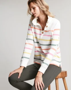 Joules Southwold Buttoned Sweatshirt - Multi Cream Stripe