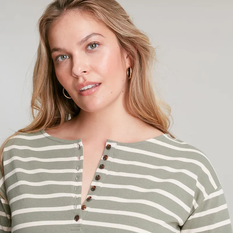 Joules Olive Jersey Top - Green Creme Stripe - Image 2