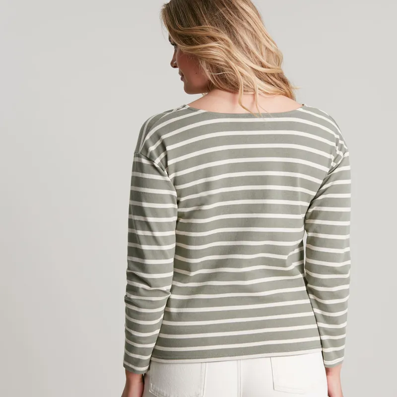 Joules Olive Jersey Top - Green Creme Stripe - Image 4