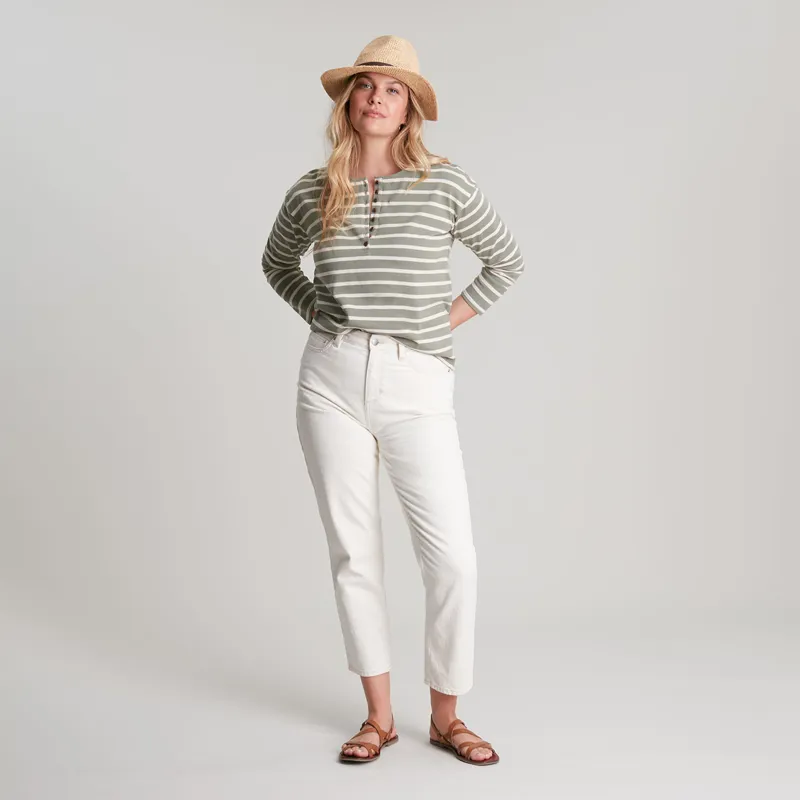 Joules Olive Jersey Top - Green Creme Stripe - Image 5