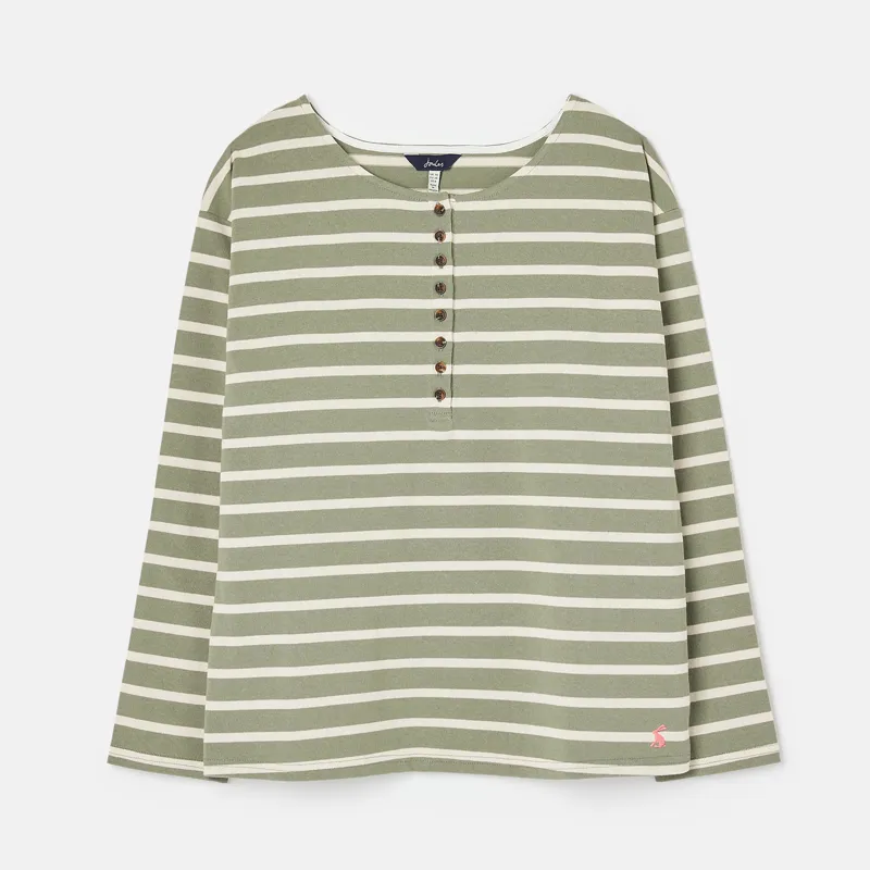 Joules Olive Jersey Top - Green Creme Stripe - Image 6