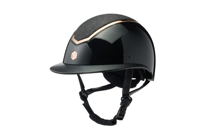 Charles Owen EQx Kylo Riding Helmet - Black Gloss/Rose Gold Sparkly Wide Peak - Image 2