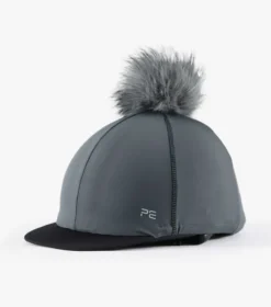 Premier Equine Jersey Hat Silk With Faux Fur Pom Pom Charcoal