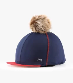 Premier Equine Jersey Hat Silk With Faux Fur Pom Pom Navy