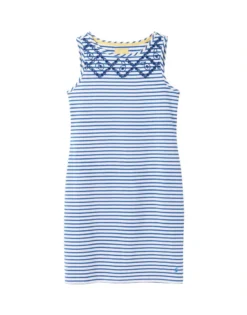 Joules Riva Print Sleeveless Jersey Dress White Blue Stripe