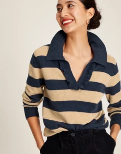 Joules Women's Maddie Striped V-Neck Jumper - Oat Stripe