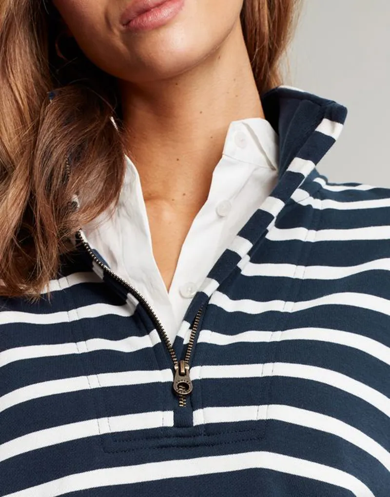 Joules Pip Stripe Zip Front Top - Navy Creme Stripe - Image 2