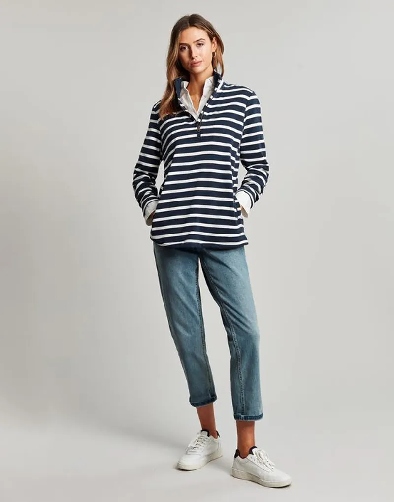 Joules Pip Stripe Zip Front Top - Navy Creme Stripe - Image 5